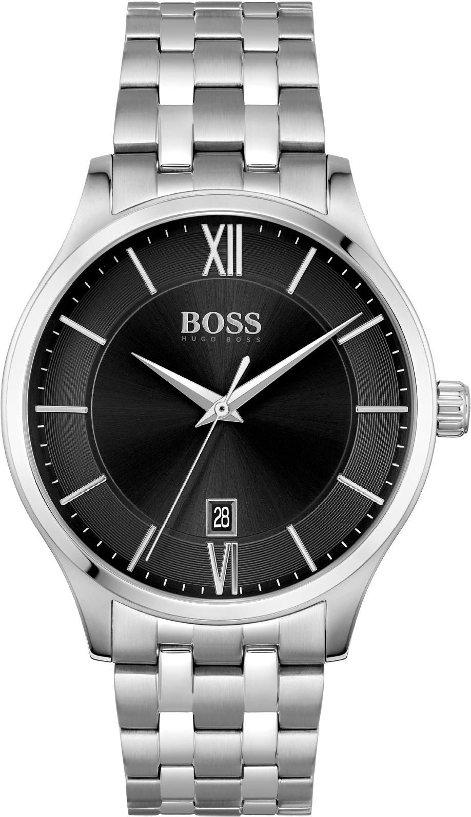 Hugo Boss 1513896 watch for man with a black dial and stainless steel strap.