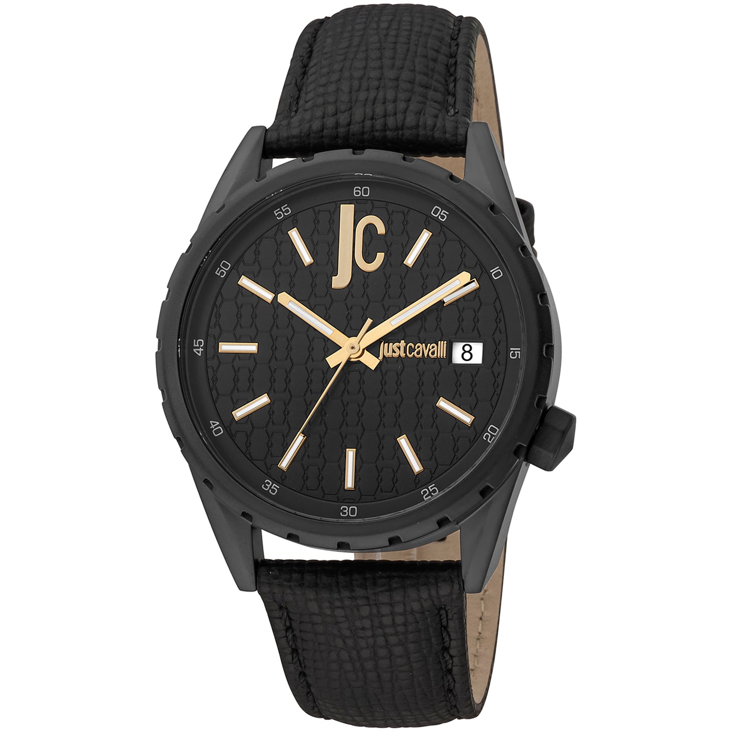 Just Cavalli JC1G217L0045 watch for man with a black dial and leather strap.