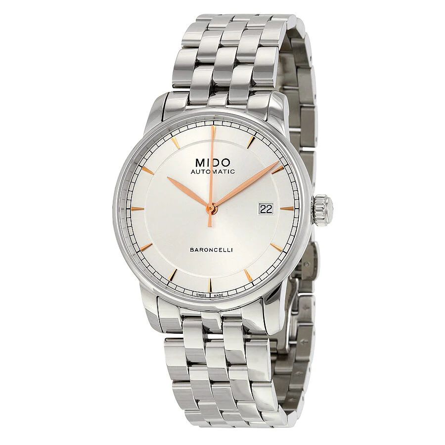 Mido M86004101 watch for man with a white dial and stainless steel strap.