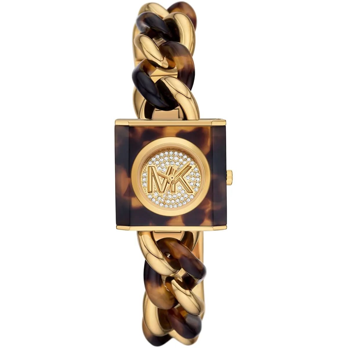 Michael Kors MK4808 watch for women with a golden dial and stainless steel strap.