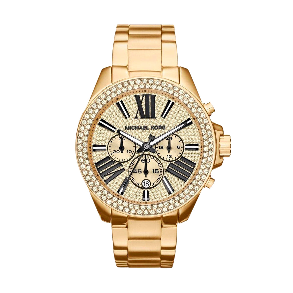 Michael Kors MK6095 watch for women with a golden dial and stainless steel strap.