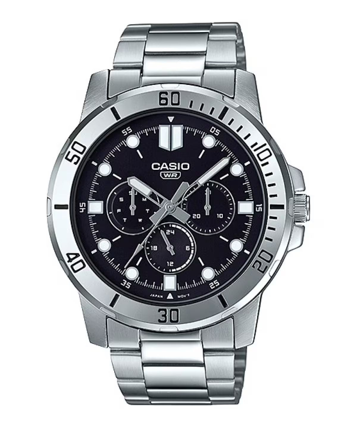 Casio MTP-VD300D-1E watch for man with a black dial and stainless steel strap.