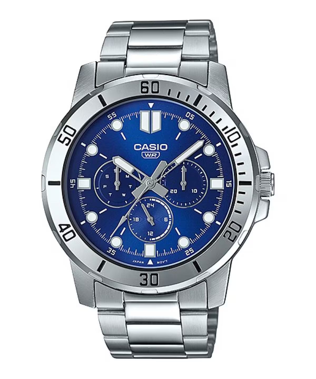 Casio MTP-VD300D-2EUDF watch for man with a blue dial and stainless steel strap.