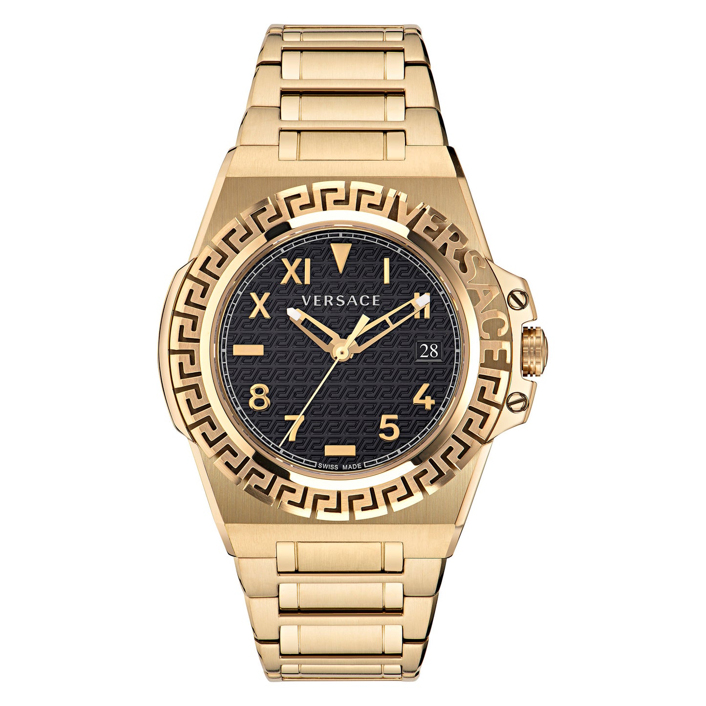 Versace VE3I00522 watch for man with a black dial and stainless steel strap.