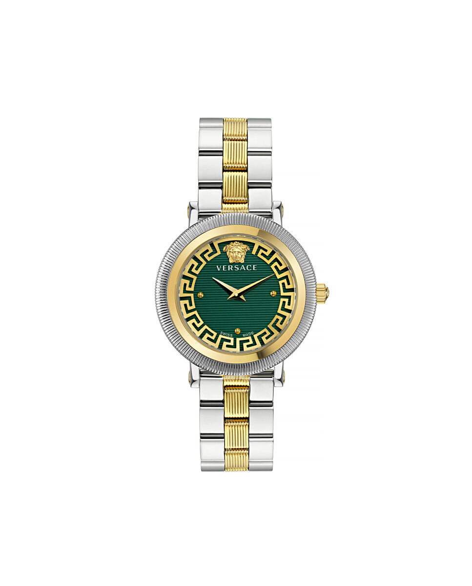 Versace VE7F00523 watch for women with a green dial and stainless steel strap.