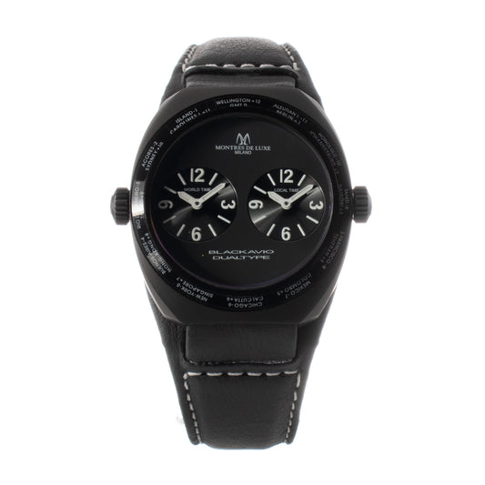 Montres De Luxe 09BK-3001 watch for unisex with a black dial and leather strap.