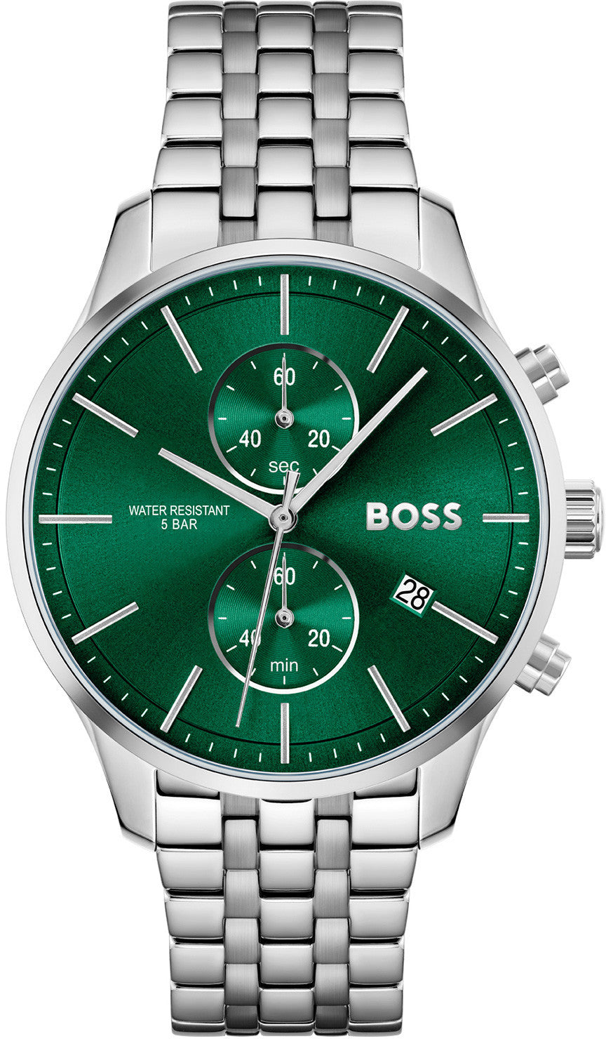 Boss 1513975 watch for man with a green dial and stainless steel strap.
