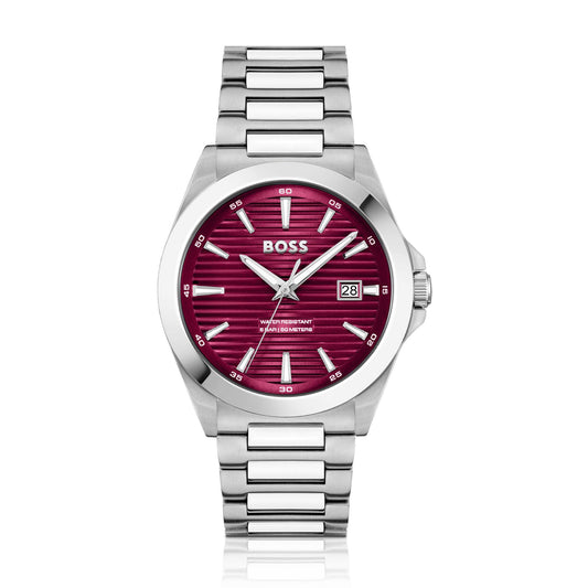 Boss 1514174 watch for man with a red dial and stainless steel strap.