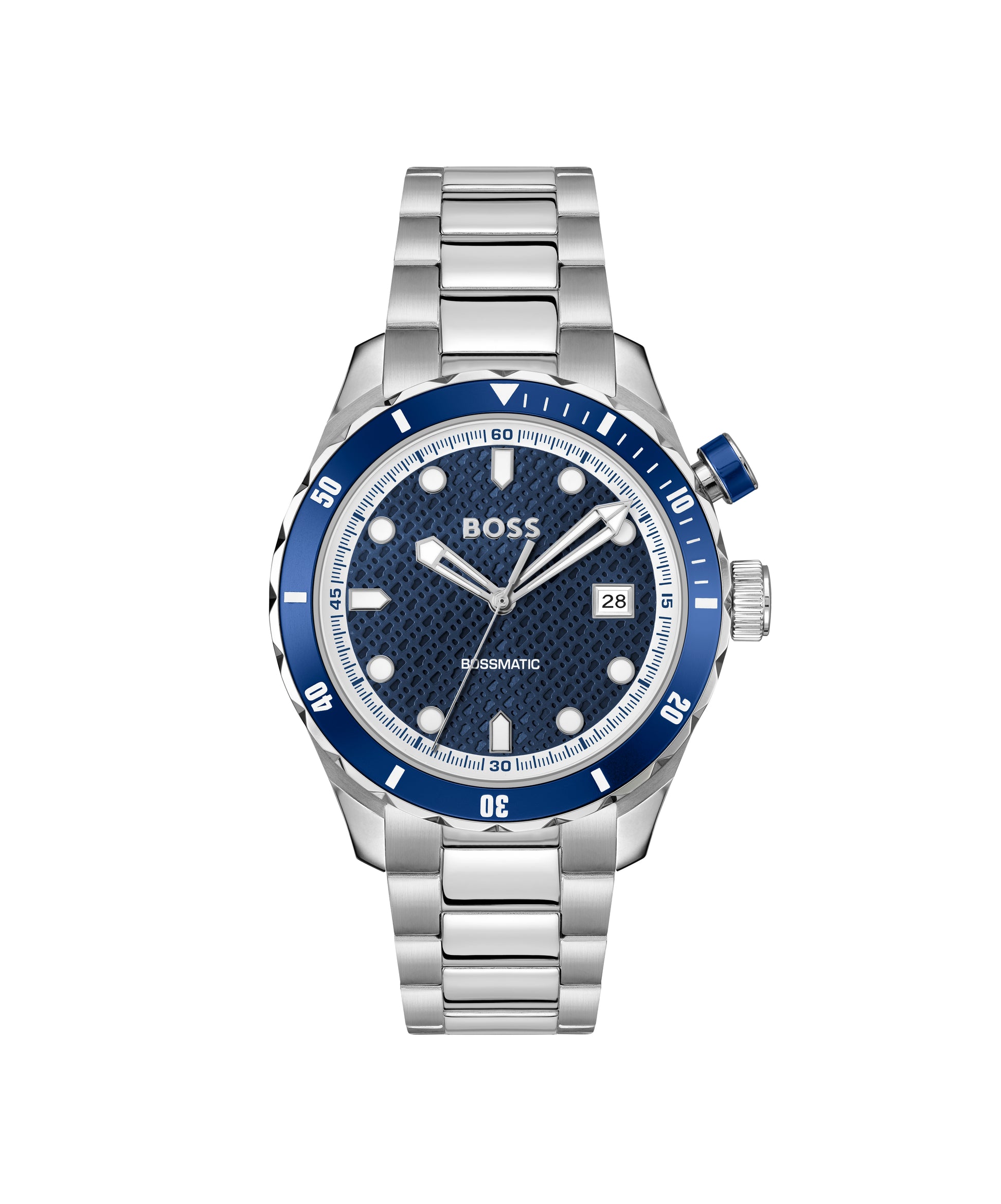 Boss 1514177 watch for man with a blue dial and stainless steel strap.