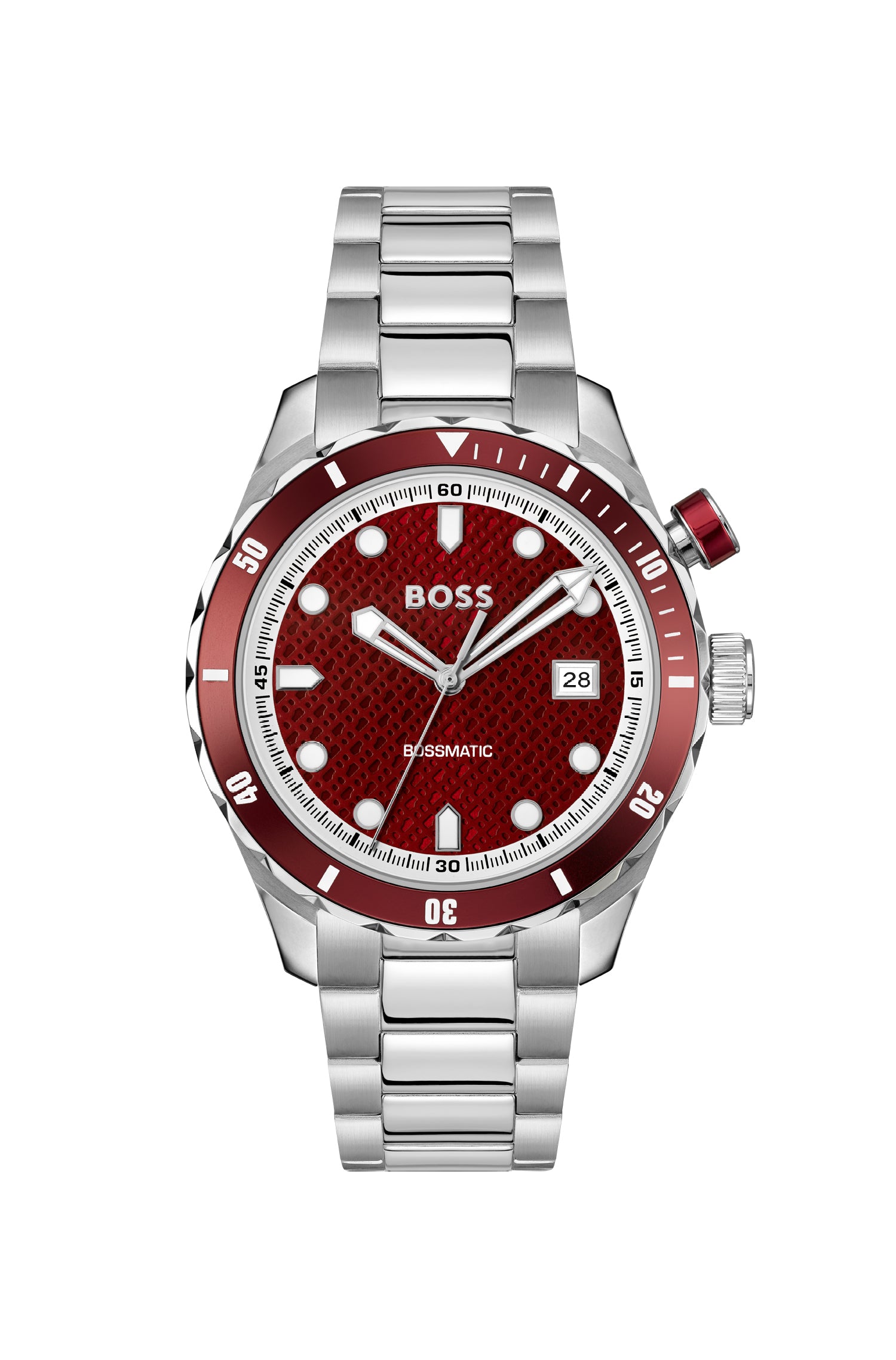 Boss 1514179 watch for man with a red dial and stainless steel strap.