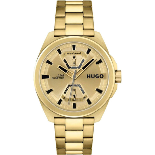 Hugo 1530243 watch for man with a golden dial and stainless steel strap.