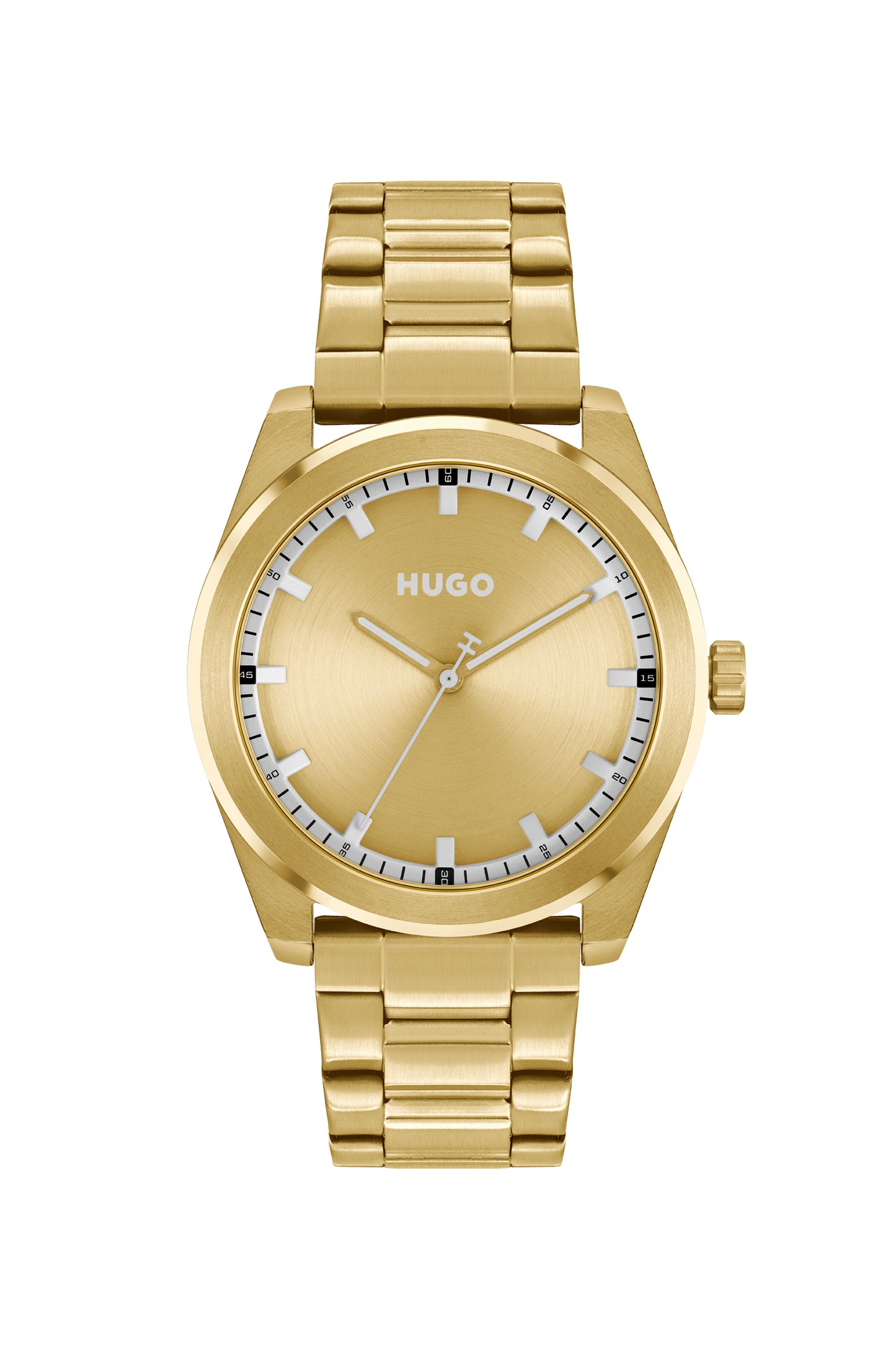 Hugo 1530354 watch for man with a golden dial and stainless steel strap.