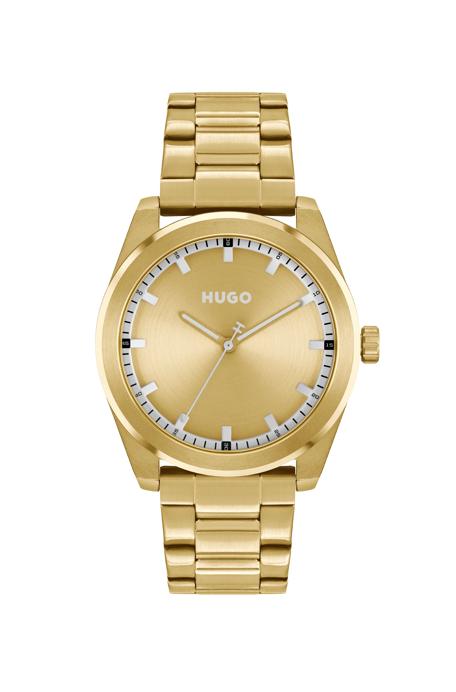 Hugo 1530354 watch for man with a golden dial and stainless steel strap.