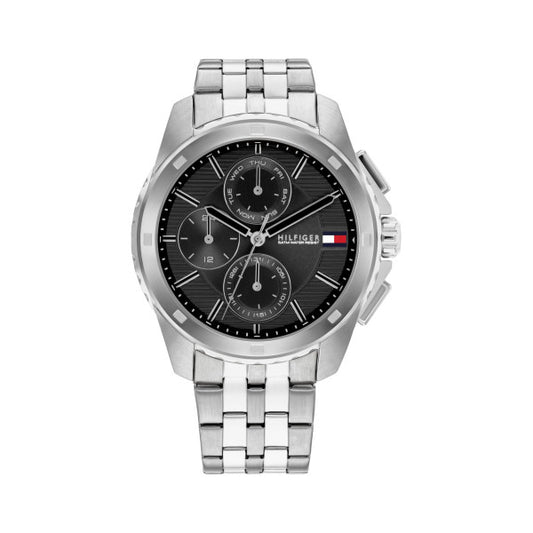 Tommy Hilfiger 1710620 watch for man with a black dial and stainless steel strap.