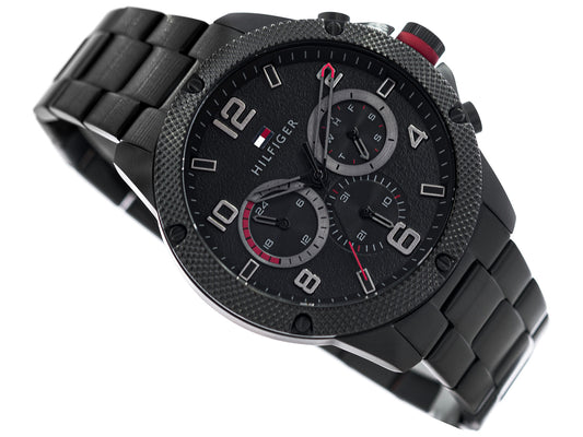 Tommy Hilfiger 1792030 watch for man with a black dial and gold stainless steel strap.