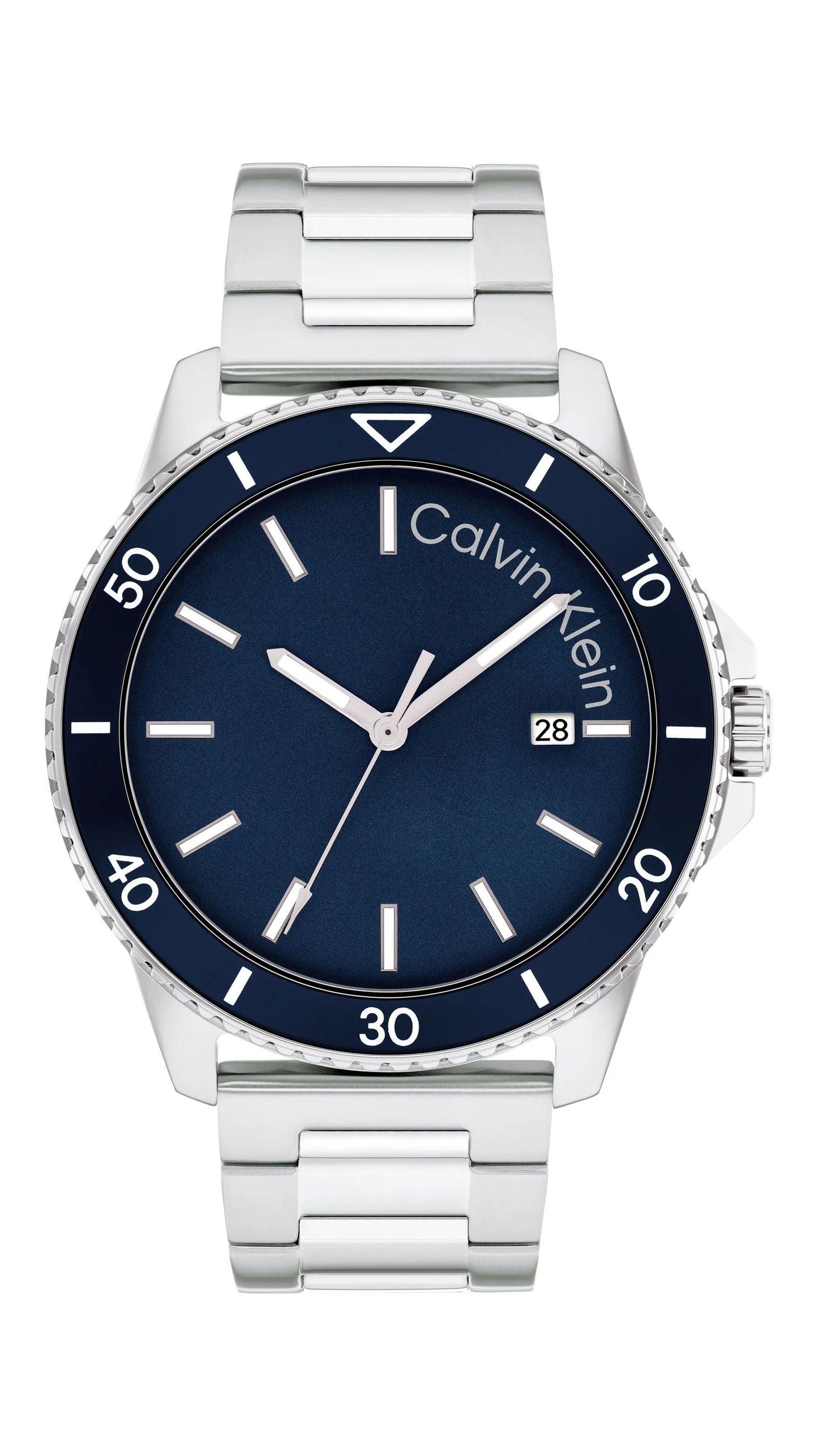 Calvin Klein 25200385 watch for man with a blue dial and stainless steel strap.