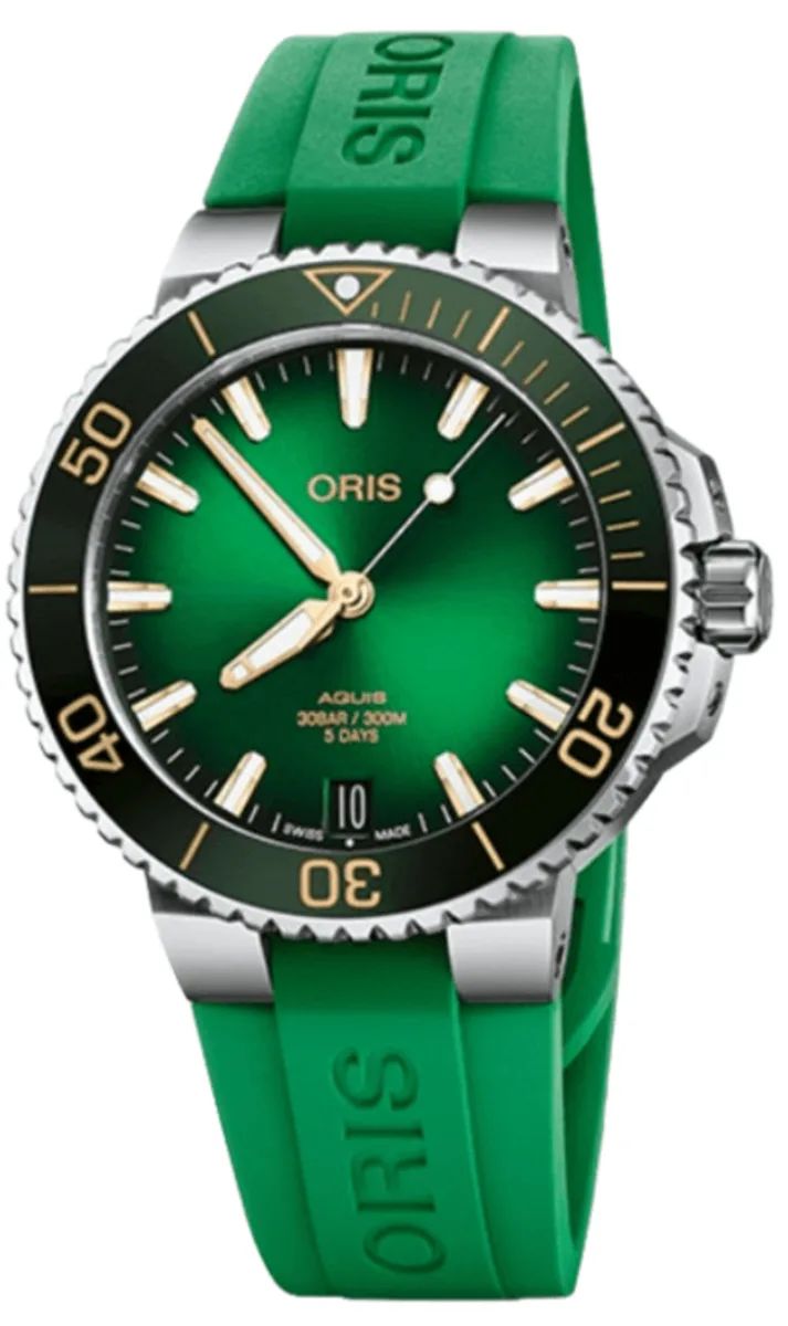 Oris 4127-07-4-22-77FC watch for man with a green dial and rubber strap.