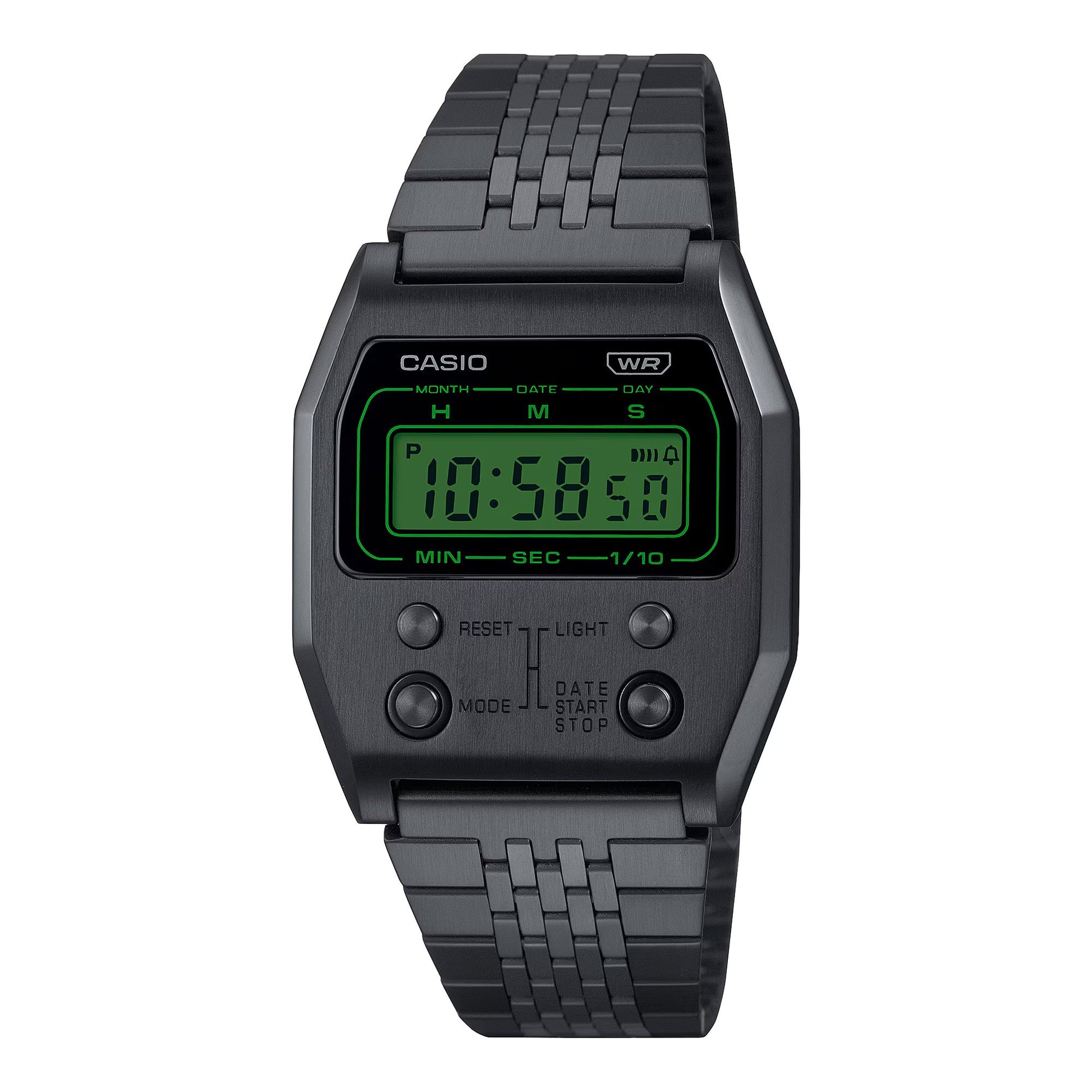 Casio A1100B-1EF watch for women with a green dial and stainless steel strap.