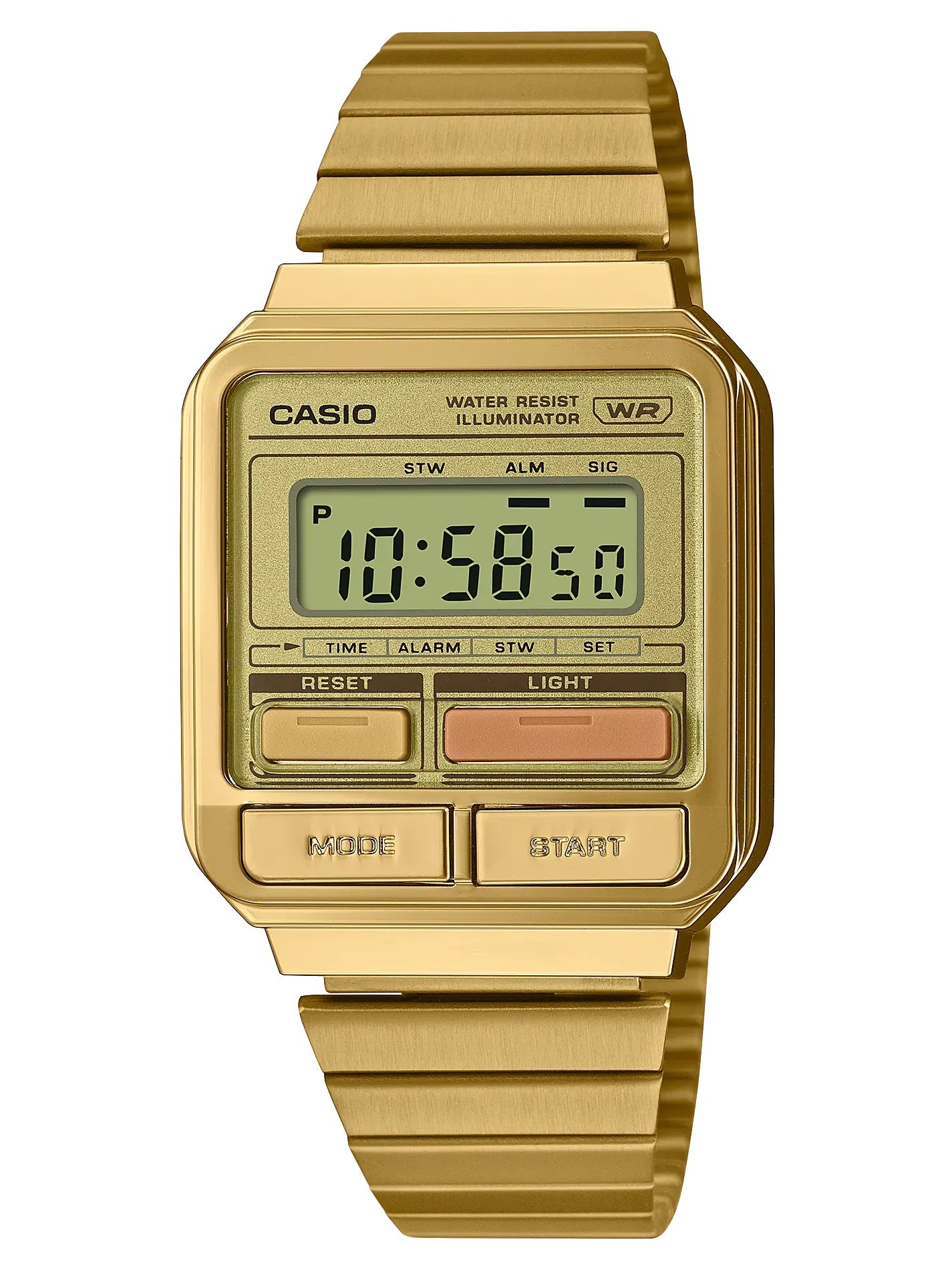 Casio A120WEG-9AEF watch for women with a golden dial and steel strap.