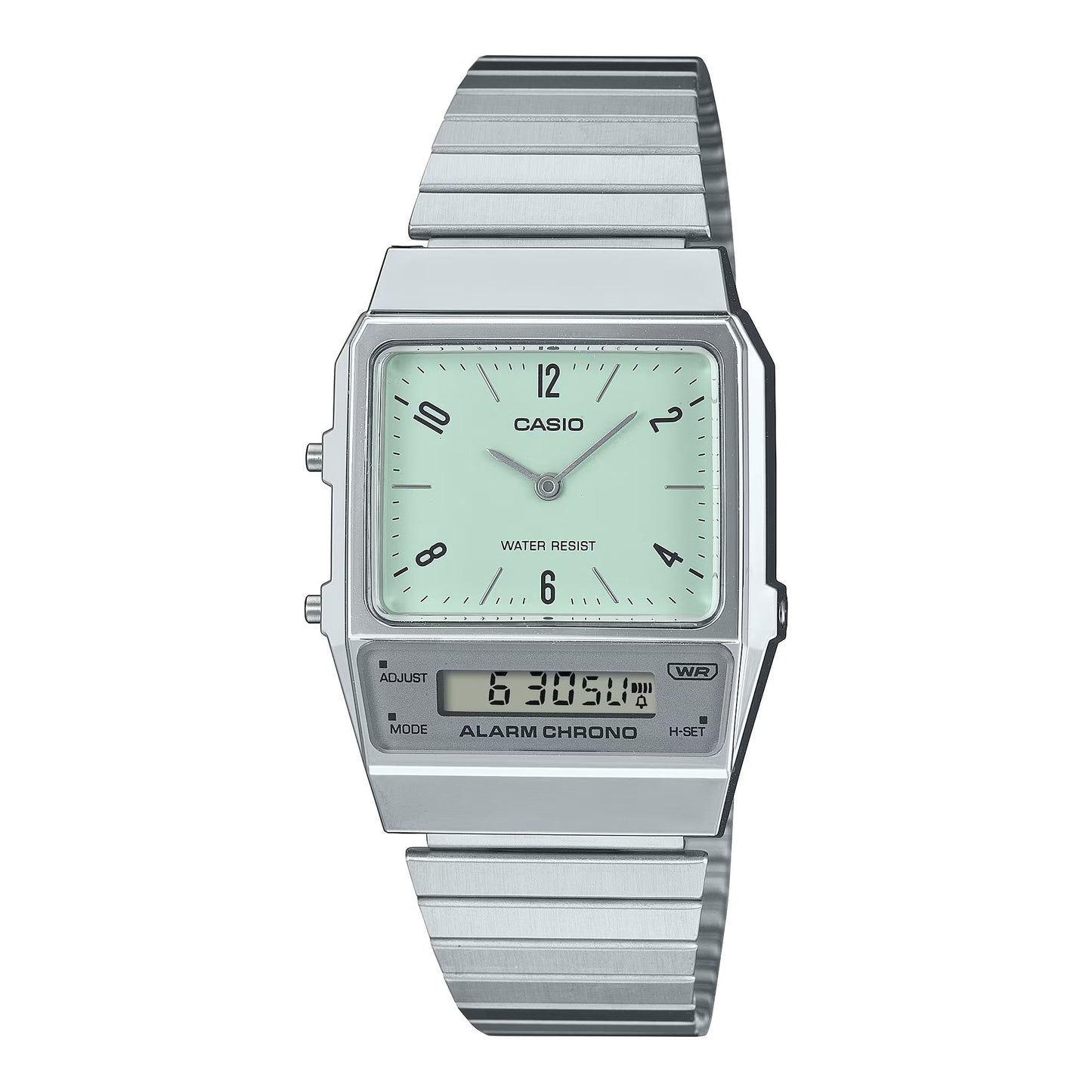 Casio AQ-800E-3AEF watch for unisex with a green dial and stainless steel strap.