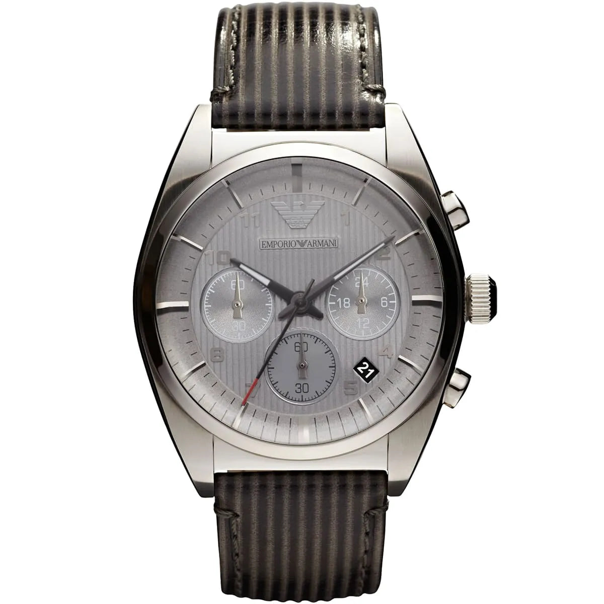 Armani AR0370 watch for man with a grey dial and leather strap.