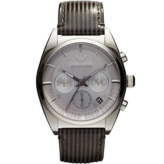 Armani AR0370 watch for man with a grey dial and leather strap.