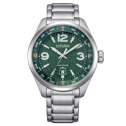 Citizen AW1830-88X watch for man with a green dial and stainless steel strap.