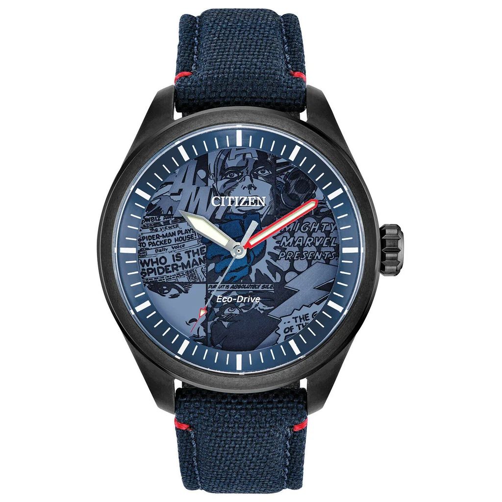 Citizen AW2037-04W watch for man with a blue dial and fabric strap.