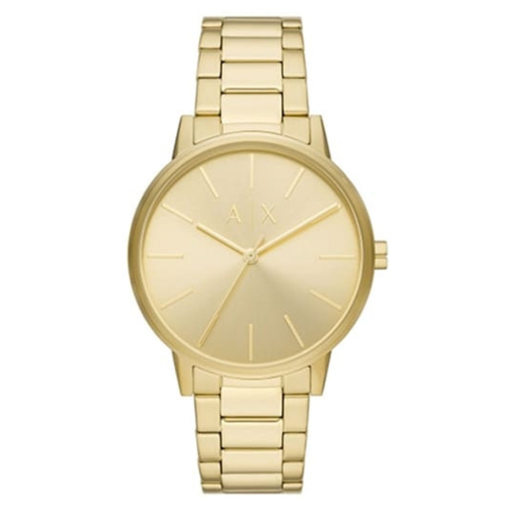 Armani Exchange AX7144 watch for man with a golden dial and stainless steel strap.