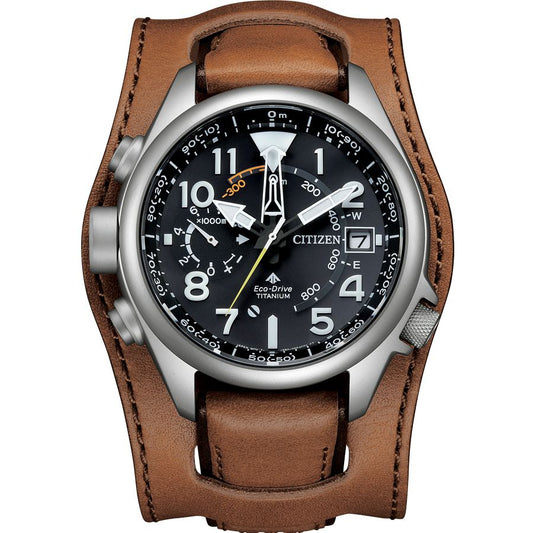 Citizen BN4061-08E watch for man with a black dial and leather strap.