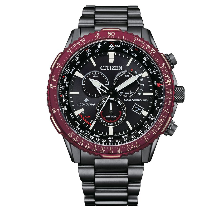 Citizen CB5009-55E watch for man with a black dial and stainless steel strap.