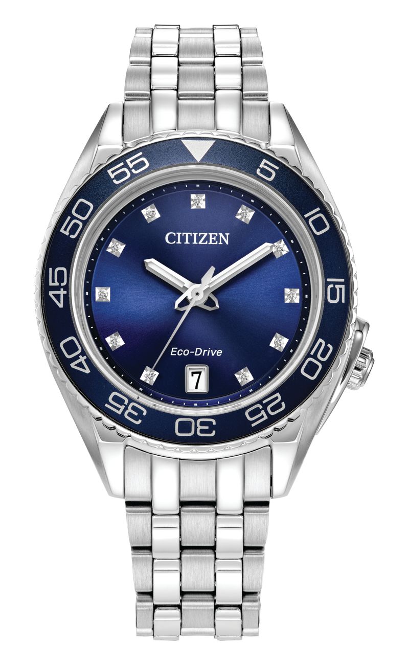 Citizen FE6160-57L watch for women with a blue dial and stainless steel strap.