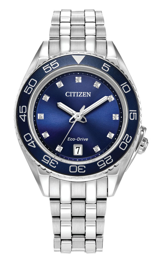 Citizen FE6160-57L watch for women with a blue dial and stainless steel strap.