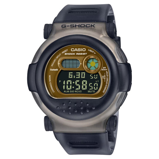 Casio G-B001MVB-8ER watch for man with a golden dial and resin strap.