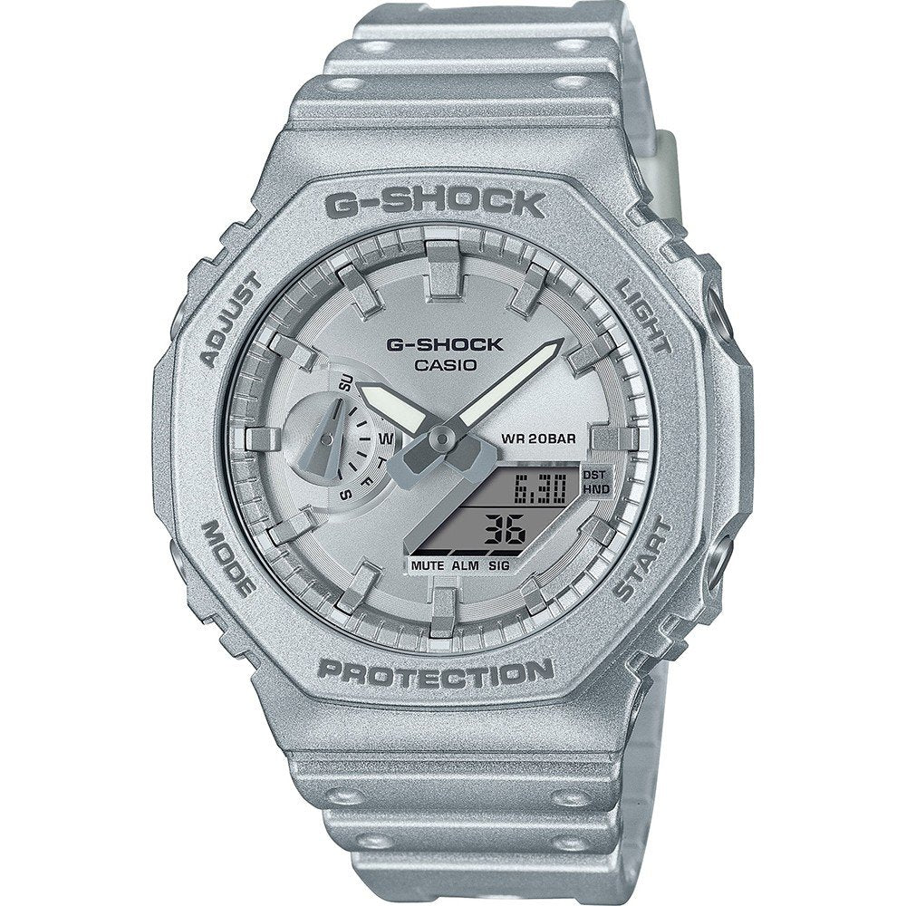 Casio GA-2100FF-8AER watch for man with a silver dial and resin strap.