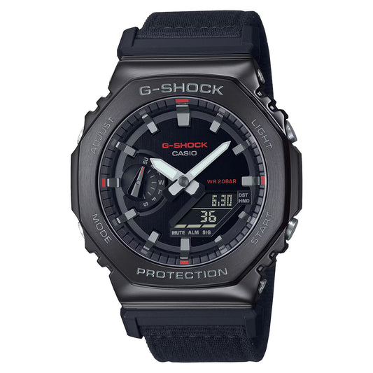Casio GM-2100CB-1AER watch for man with a black dial and fabric strap.