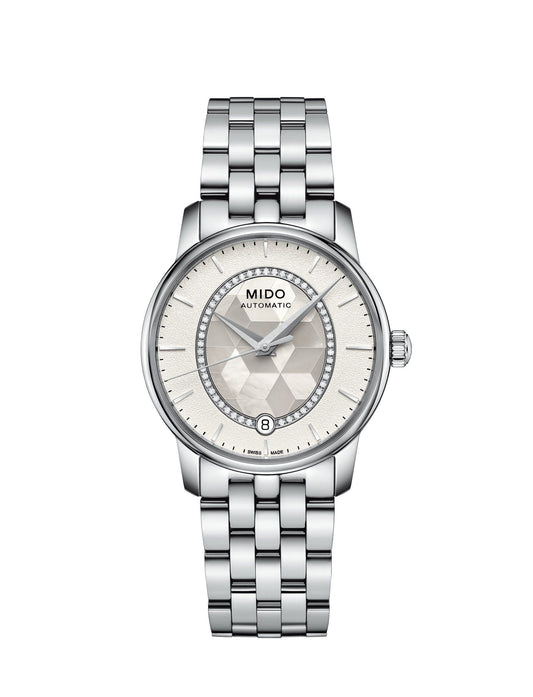 Mido M0072071111600 watch for woman with a white dial and stainless steel strap.