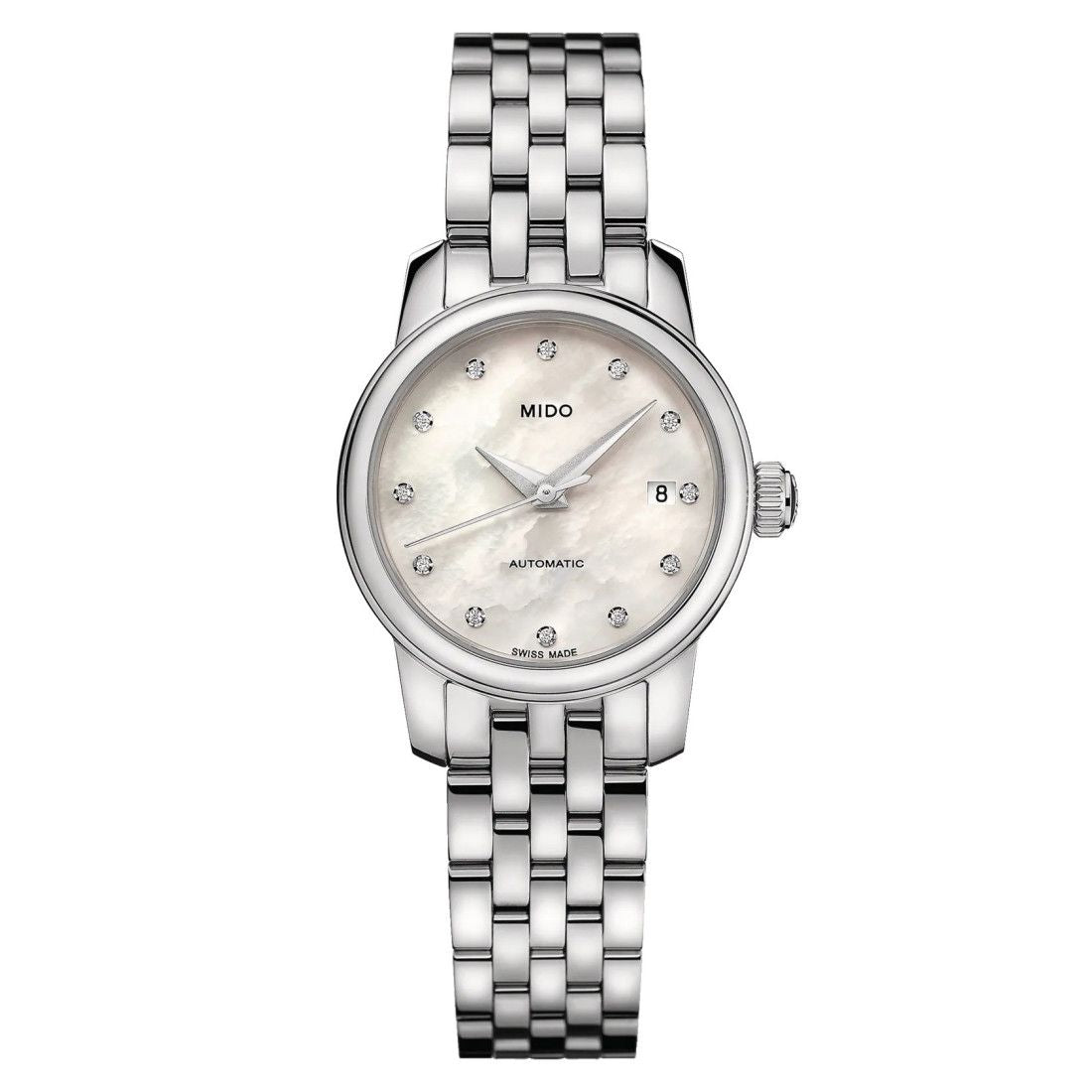 Mido M0390071110600 watch for woman with a white dial and stainless steel strap.