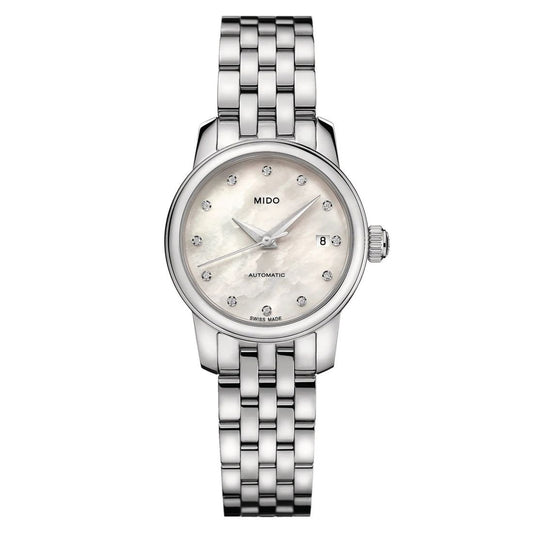 Mido M0390071110600 watch for woman with a white dial and stainless steel strap.