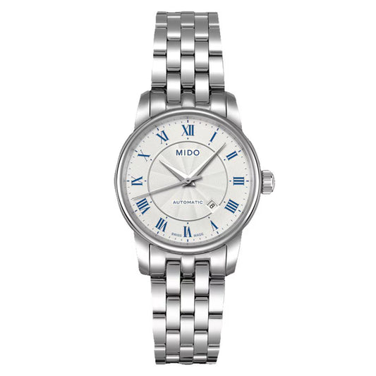 Mido M76004211 watch for woman with a white dial and stainless steel strap.