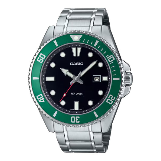 Casio MDV-107D-3AVDF watch for man with a black dial and stainless steel strap.