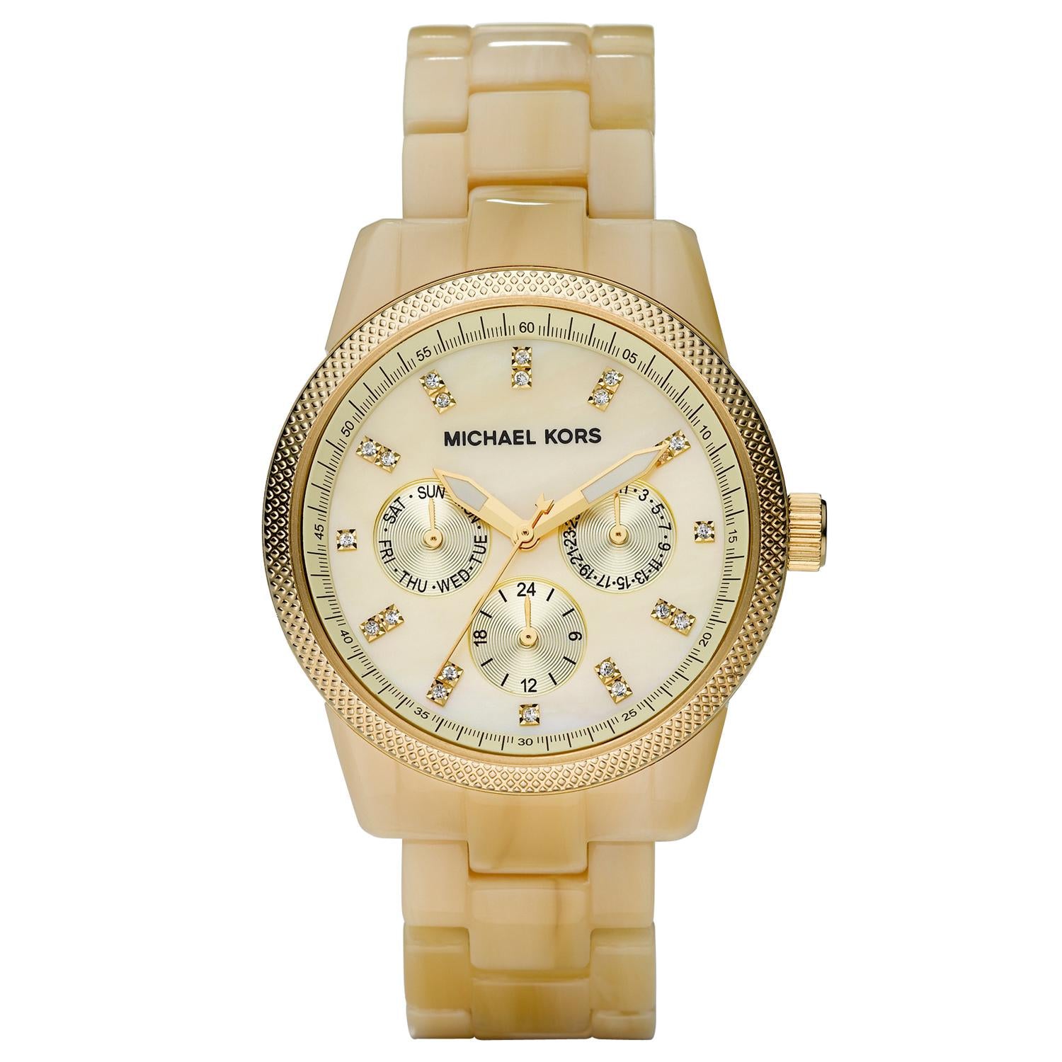 Michael Kors MK5039 watch for women with a beige dial and resin strap.