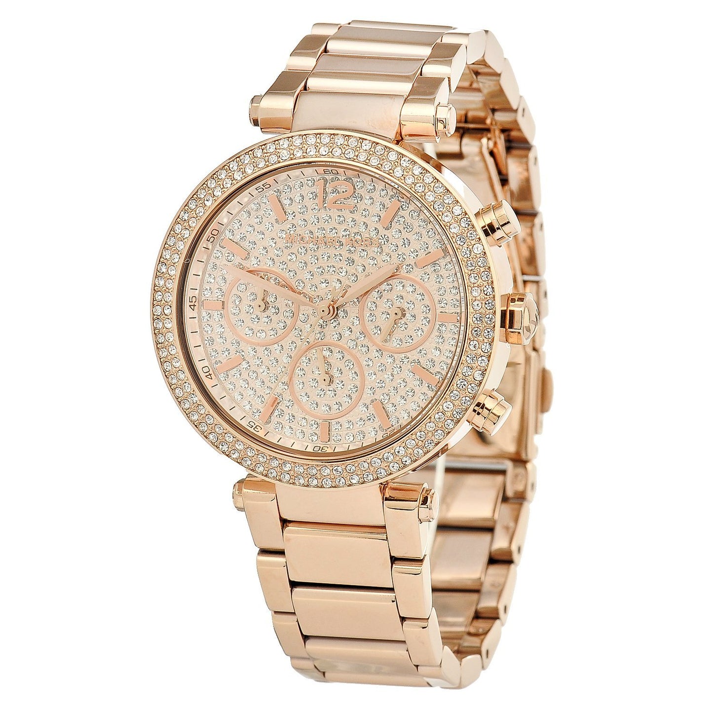 Michael Kors MK5857 watch for women with a pink dial and steel strap.