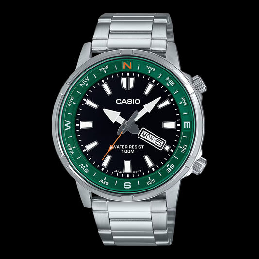 Casio MTD-130D-1A3VDF watch for man with a black dial and stainless steel strap.
