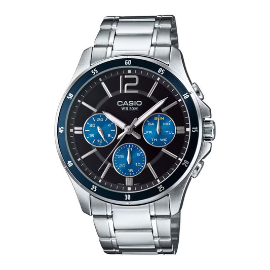 Casio MTP-1374D-2AVDF watch for man with a black dial and stainless steel strap.