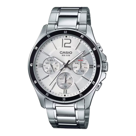 Casio MTP-1374D-7AVDF watch for man with a grey dial and stainless steel strap.