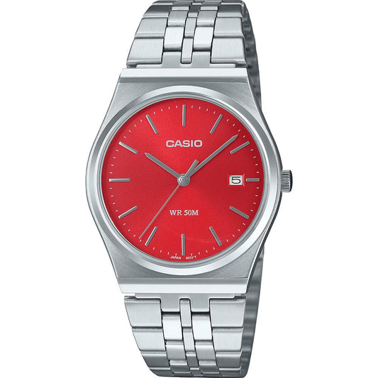 Casio MTP-B145D-4A2VEF watch for women with a red dial and steel strap.