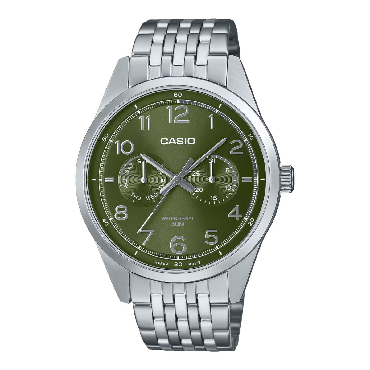 Casio MTP-E340D-3AVDF watch for man with a green dial and stainless steel strap.