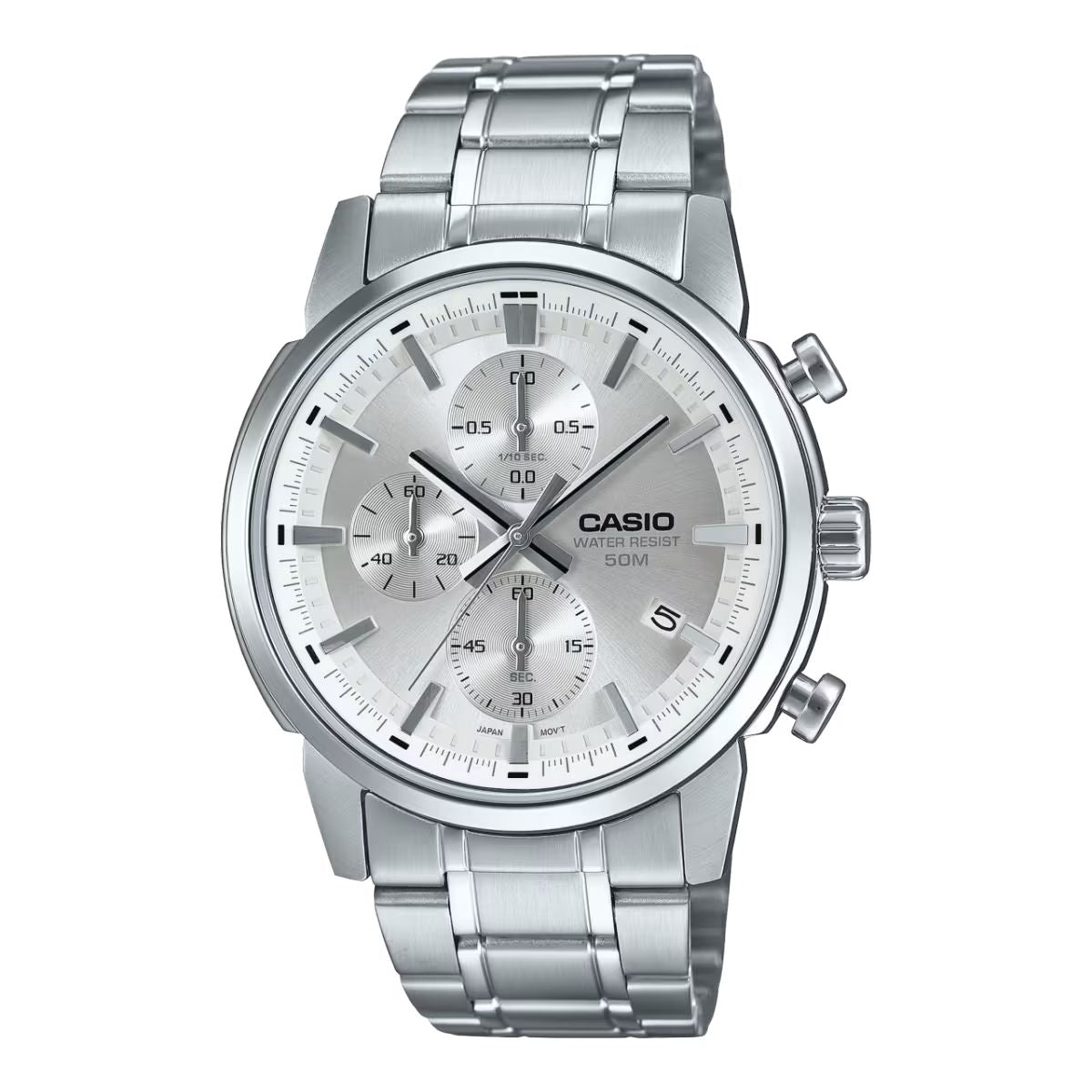 Casio MTP-E510D-7AVDF watch for man with a grey dial and stainless steel strap.