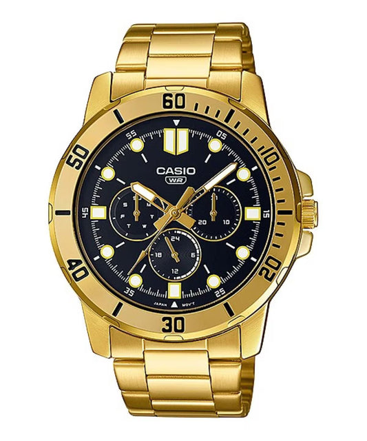 Casio MTP-VD300G-1EUDF watch for man with a black dial and stainless steel strap.